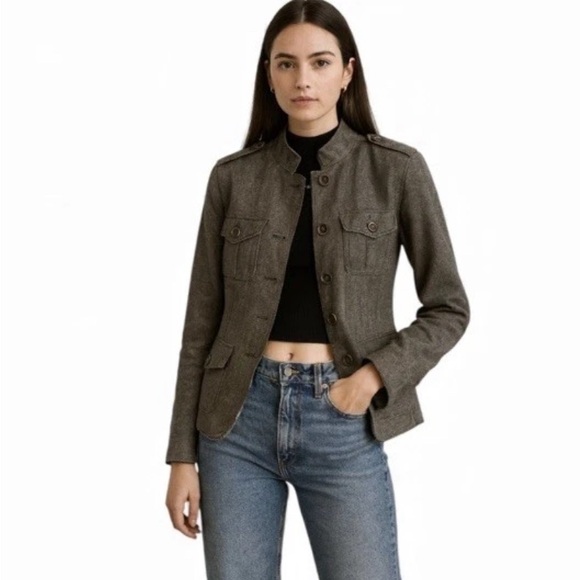 Banana Republic Wool Blend Distressed Herringbone Military Jacket Women Size 16T - Picture 2 of 16